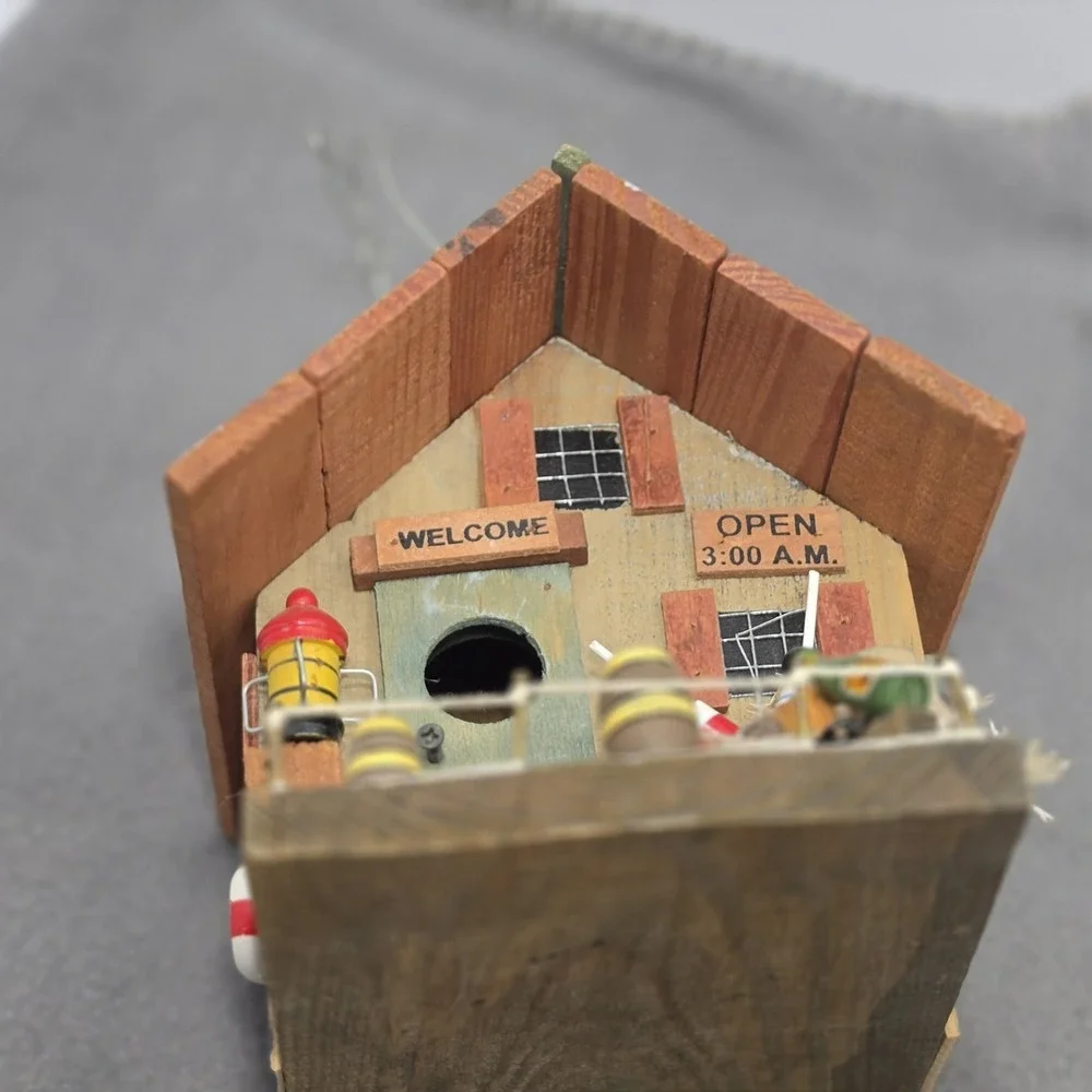 Vintage  Decorative Wooden Bird House Live Bait Shop Fishing Folk Art. J